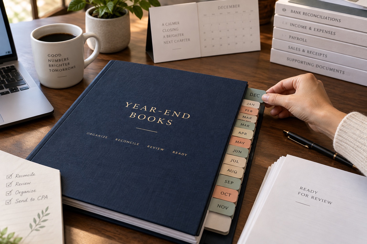 A structured year-end bookkeeping binder with monthly tabs prepared for CPA review
