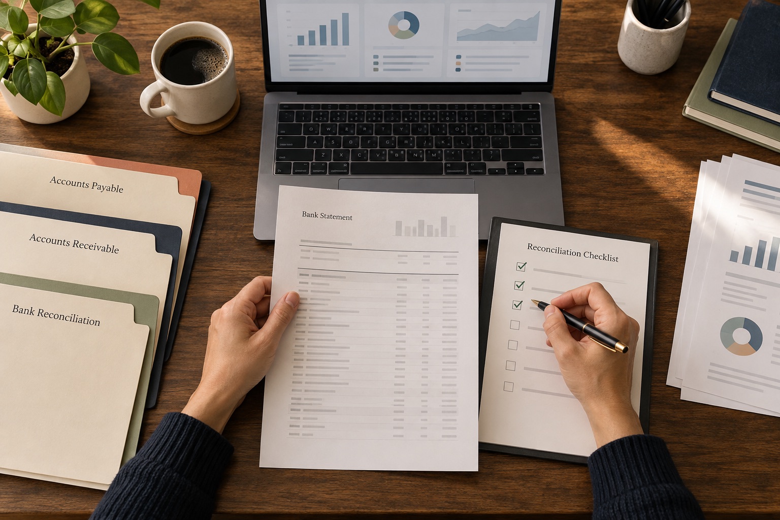 Organized accounts payable, accounts receivable, and bank reconciliation records on a bookkeeper's desk